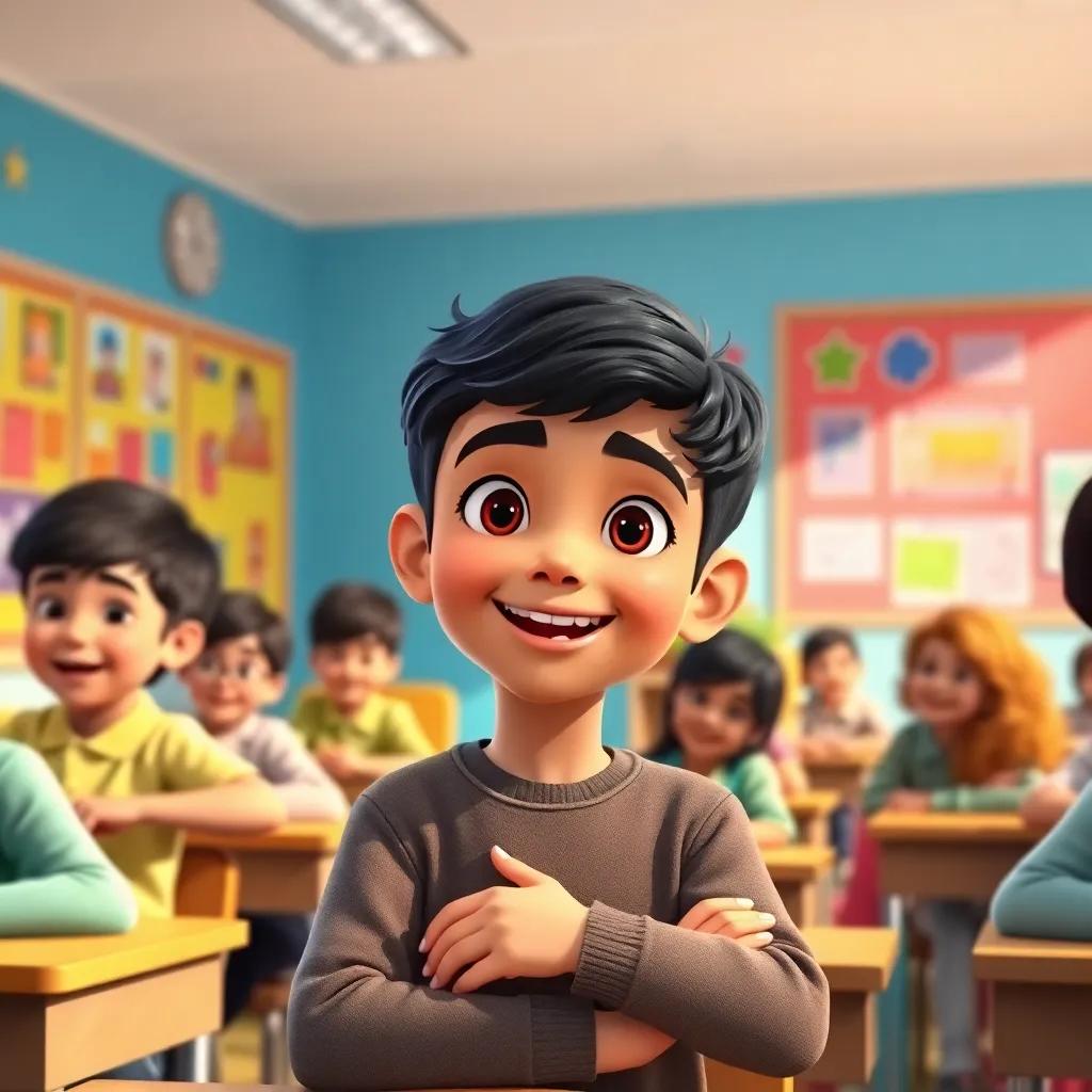 Hamza, a young Arab boy with short dark hair, in a bright classroom with colorful posters and happy students, actively participating in class, engaging and friendly, digital illustration, vibrant colors, warm lighting, child-friendly