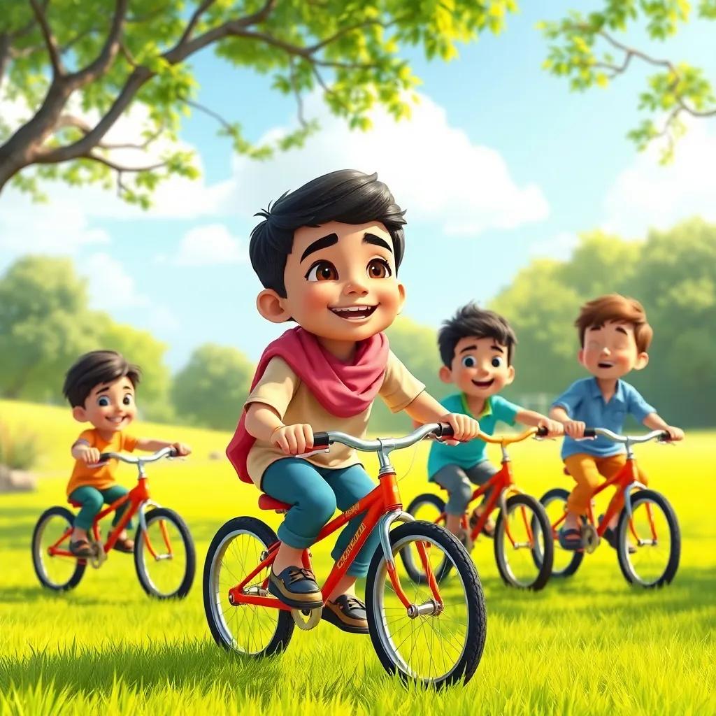 Hamza, a young Arab boy with short dark hair, playing outside with three brothers, riding bikes and laughing, in a sunny park with green grass and trees, joyful atmosphere, colorful, illustration, high quality