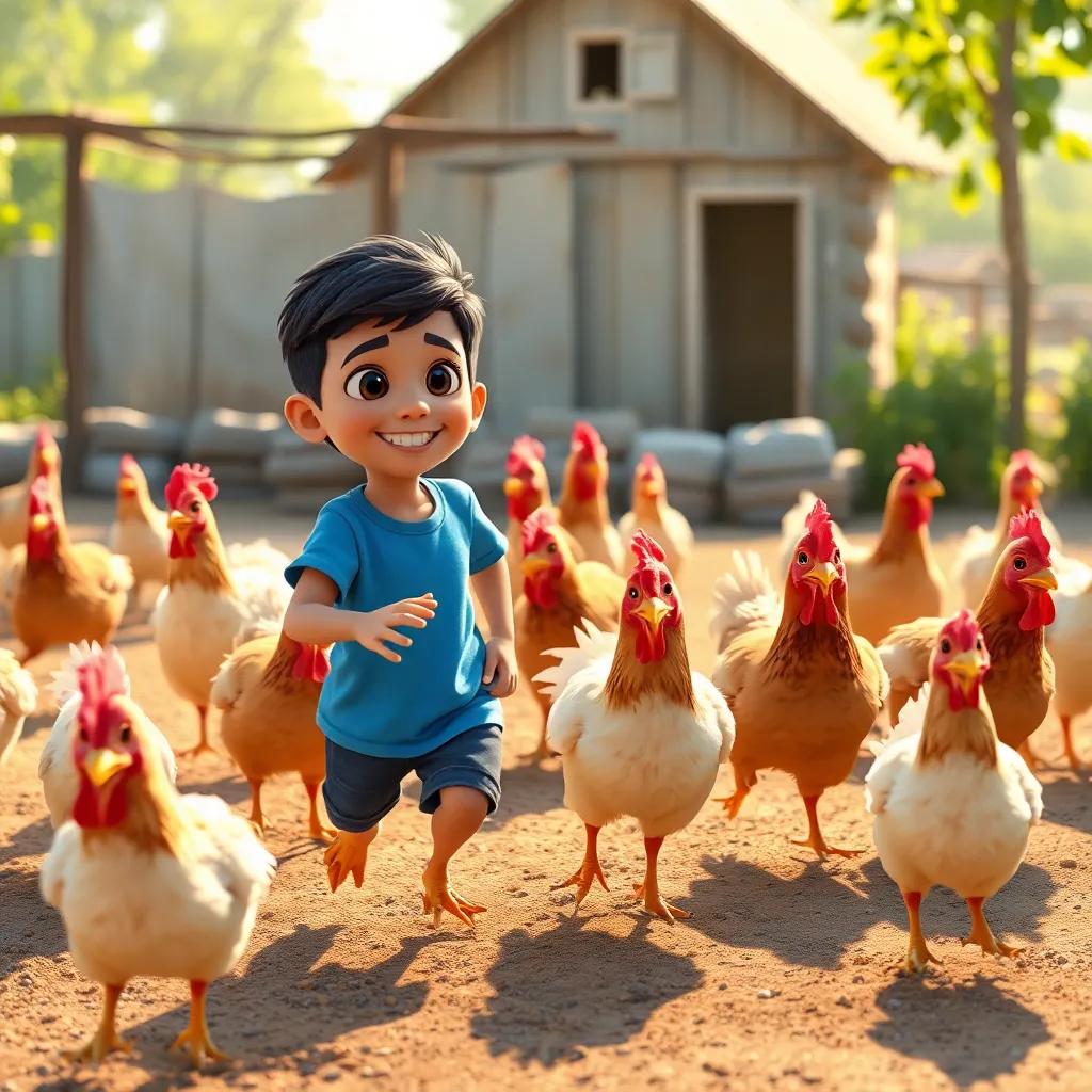 A group of adorable chickens running around in a farmyard, with Hamza, a young Arab boy with short dark hair, wearing a blue t-shirt, happily feeding them, bright sunlight, lively colors, friendly vibe, high-quality digital art