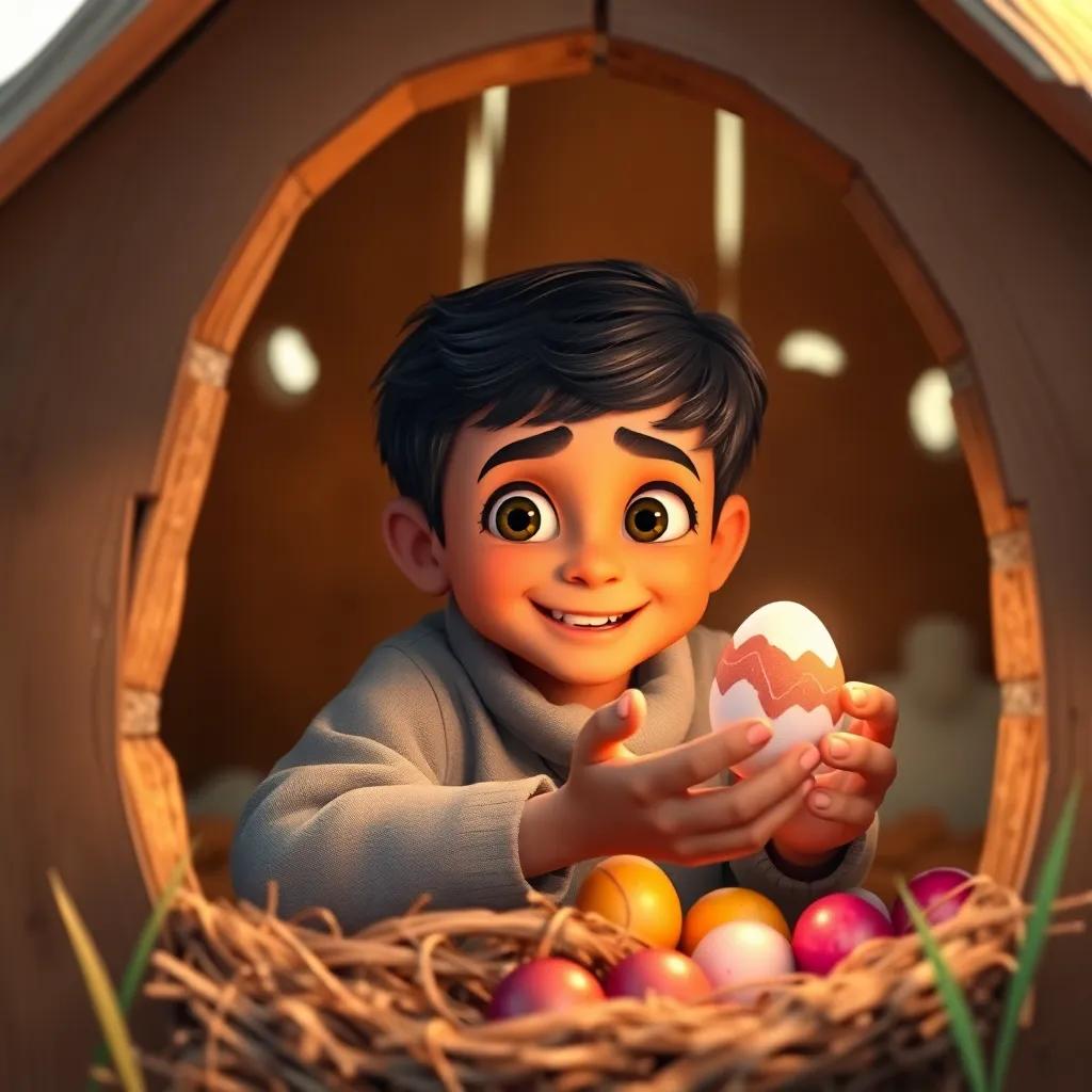 Hamza, a young Arab boy with short dark hair, collecting bright colored eggs from a cozy coop, smiling in surprise at a unique egg, warm light, farm setting, colorful, vibrant, child-friendly style