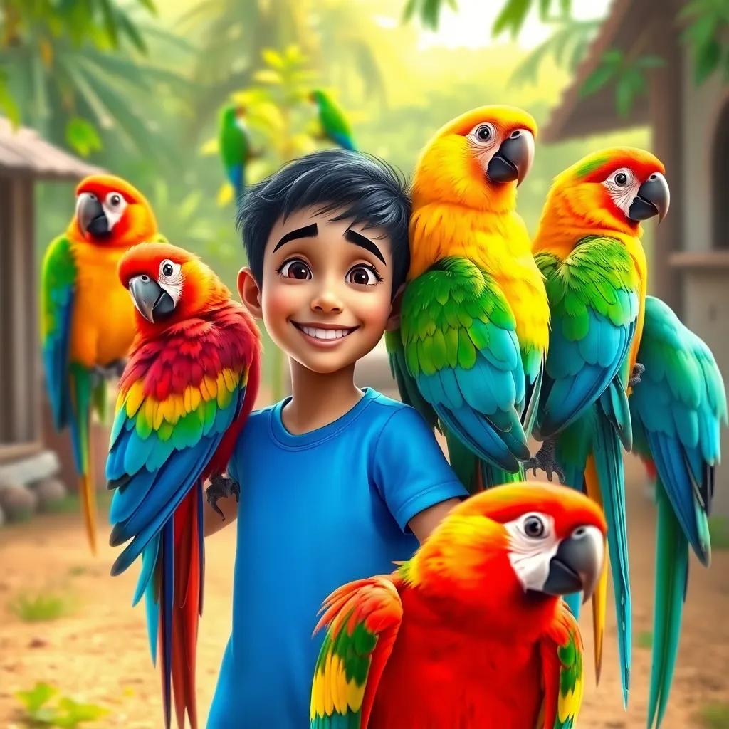 A bunch of colorful parrots perched on Hamza's arm, with Hamza, a young Arab boy with short dark hair in a blue t-shirt, smiling at the parrots in a farmyard setting, bright colors, vivid, high-quality digital illustration