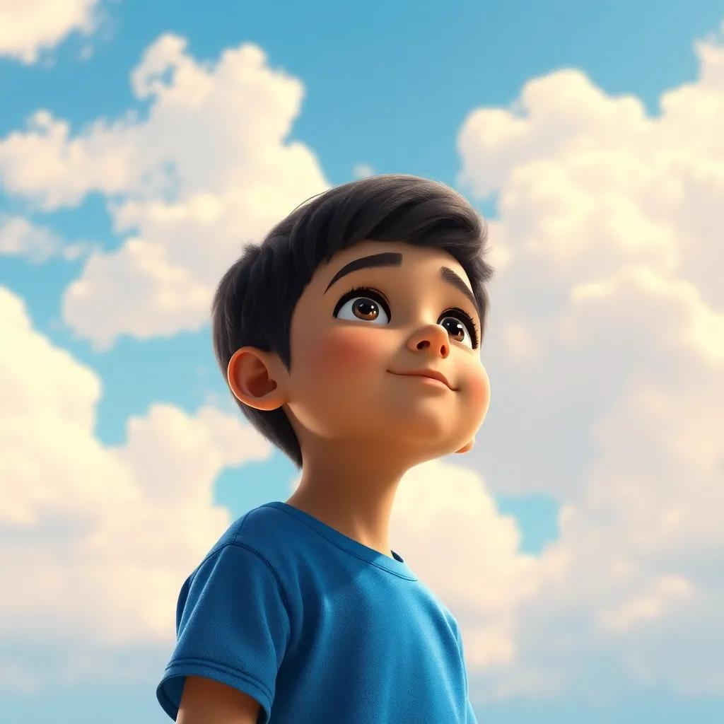 Hamza, a young Arab boy with short dark hair in a blue t-shirt, looking up at a bright blue sky full of fluffy clouds, with a hopeful expression, dreamy atmosphere, vibrant, child-friendly, hyperrealistic