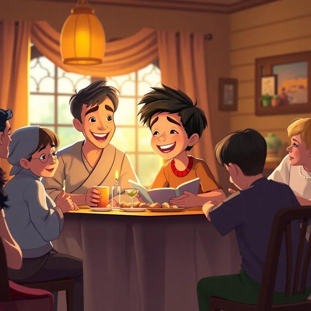 Hamza, a young Arab boy with short dark hair, sitting at a family dinner table, laughing and sharing stories with his family, warm light, inviting atmosphere, rich colors, illustration, child-friendly