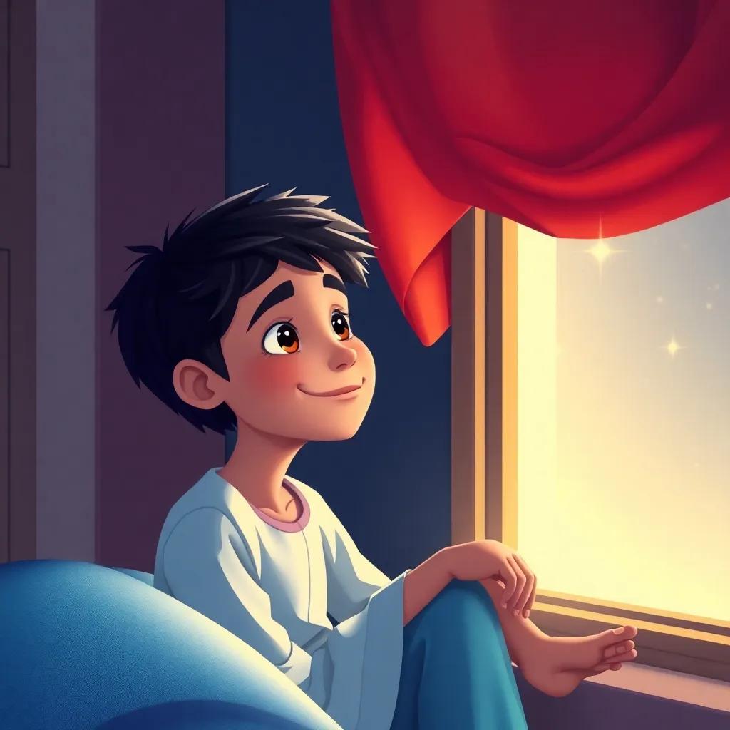 Hamza, a young Arab boy with short dark hair, sitting by a window looking at stars, smiling and making a wish, a cozy room with soft light, peaceful, dreamy, illustration, vibrant colors