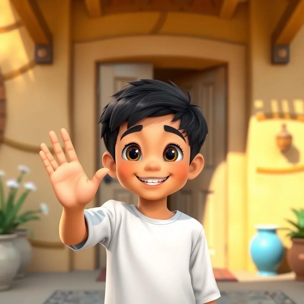 Hamza, a young Arab boy with short dark hair, standing joyfully outside his home, waving goodbye with a big smile after sharing his story, bright and sunny, joyful atmosphere, colorful, high-quality digital art