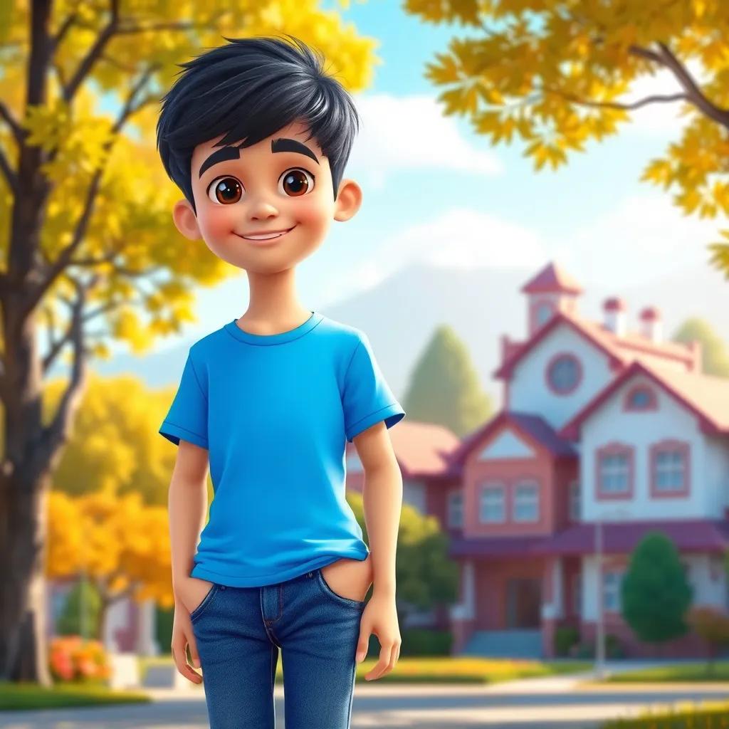 A young boy, Hamza, with short black hair, wearing a blue t-shirt and jeans, standing in front of a sunny town with trees and a school in the background, cheerful, vibrant colors, child-friendly, digital art, high quality