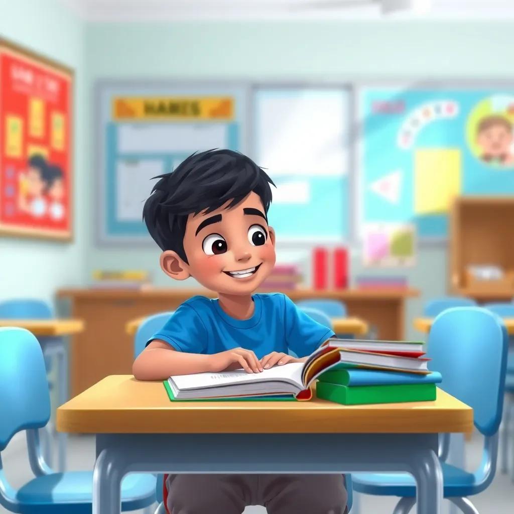 Hamza, a young boy with short black hair in a blue t-shirt, sitting at a school desk with books around him, learning and smiling, bright classroom with colorful posters, illustration, joyful, engaging