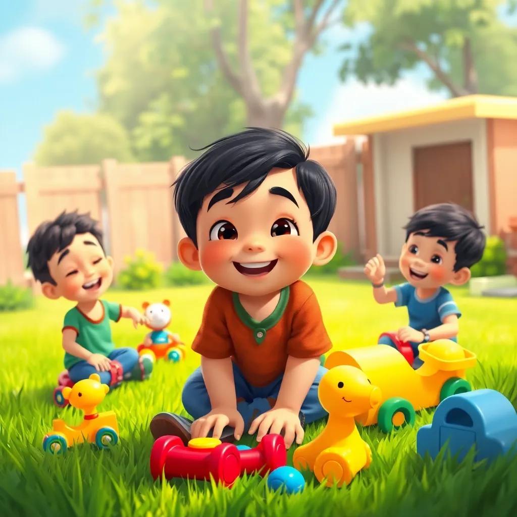 Hamza, a young boy with short black hair, playing with three brothers in a backyard with toys, laughing together, green grass and a sunny sky, colorful atmosphere, illustration, warm and friendly