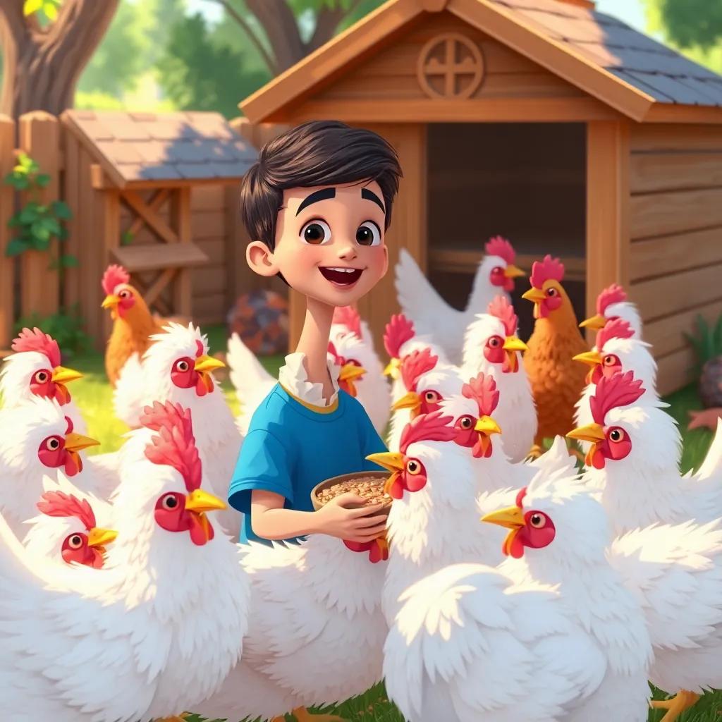 A group of fluffy chickens in a backyard, with Hamza, a young boy with short black hair in a blue t-shirt, feeding them grains, surrounded by a cozy chicken coop, cheerful, vibrant colors, detailed illustration