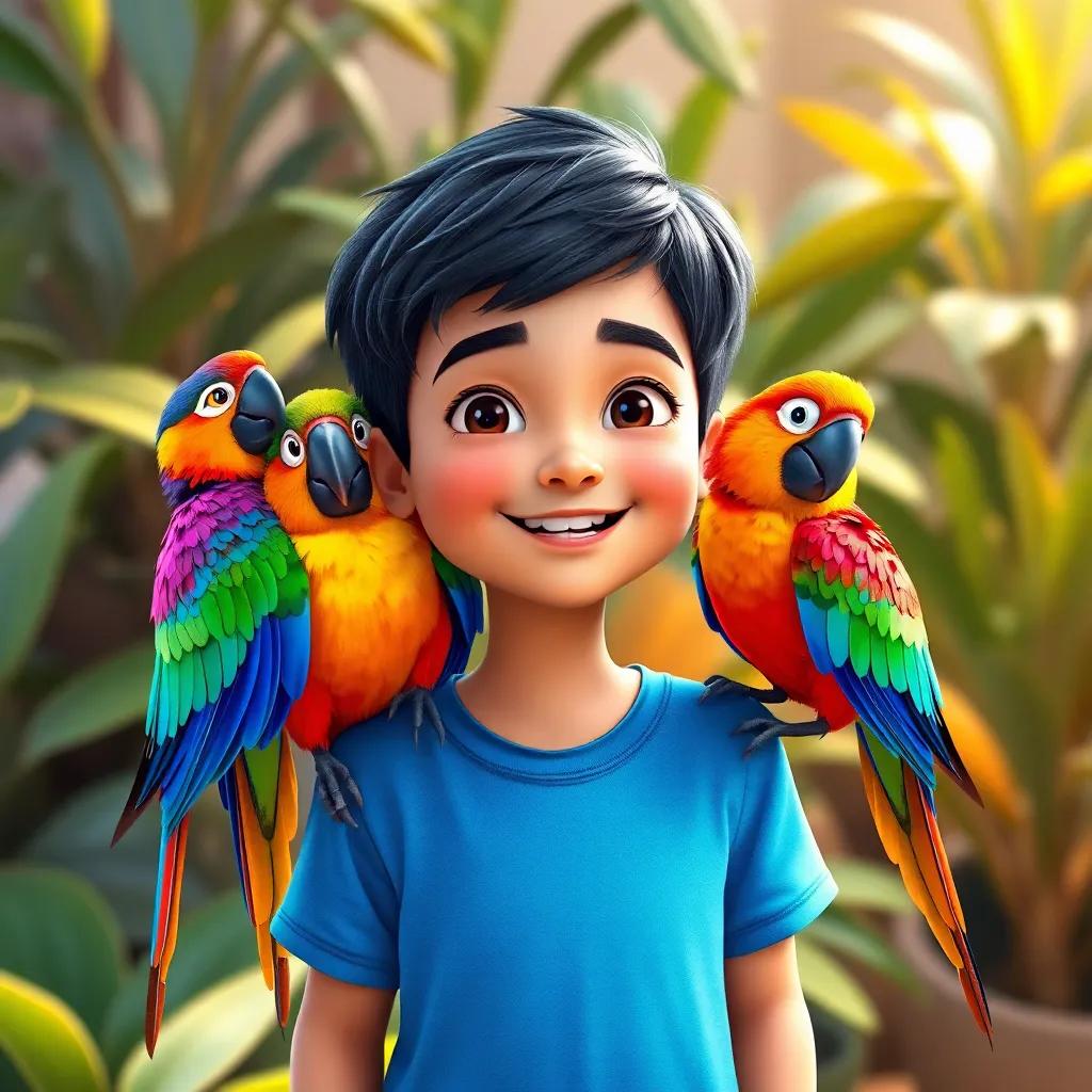 Hamza, a young boy with short black hair in a blue t-shirt, standing with colorful parrots on his arms and shoulders, bright feathers and happy expressions, tropical plants in the background, joyful, digital art, vivid colors