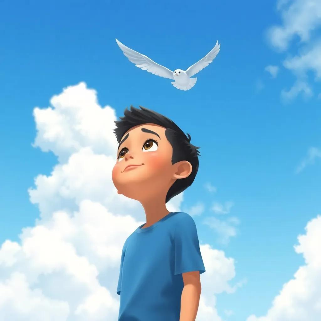 A bright blue sky with fluffy white clouds, Hamza, a young boy with short black hair in a blue t-shirt, looking up and dreaming of flying like a bird, illustration, serene and hopeful setting, high quality