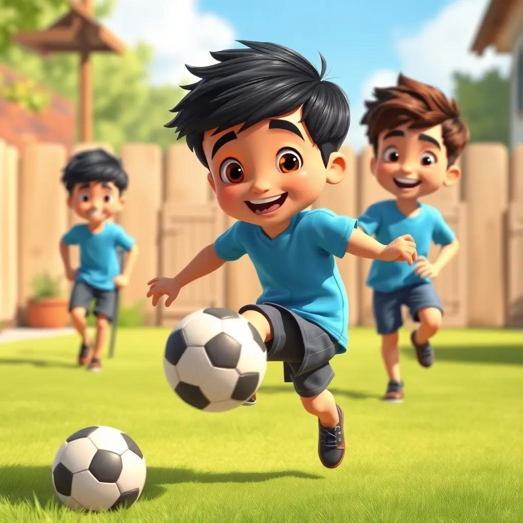 Hamza, a young boy with short black hair in a blue t-shirt, playing soccer with his brothers in a yard, kicking the ball with smiles and excitement, sunny day, lively and energetic, digital illustration, engaging