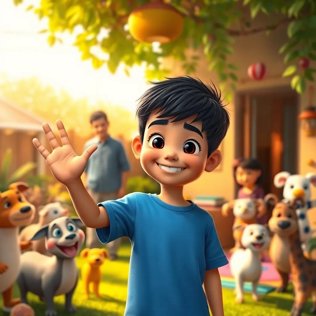 Hamza, a young boy with short black hair in a blue t-shirt, waving goodbye with a big smile, surrounded by his family and animals in a colorful backyard, warm and inviting atmosphere, digital art, heartwarming