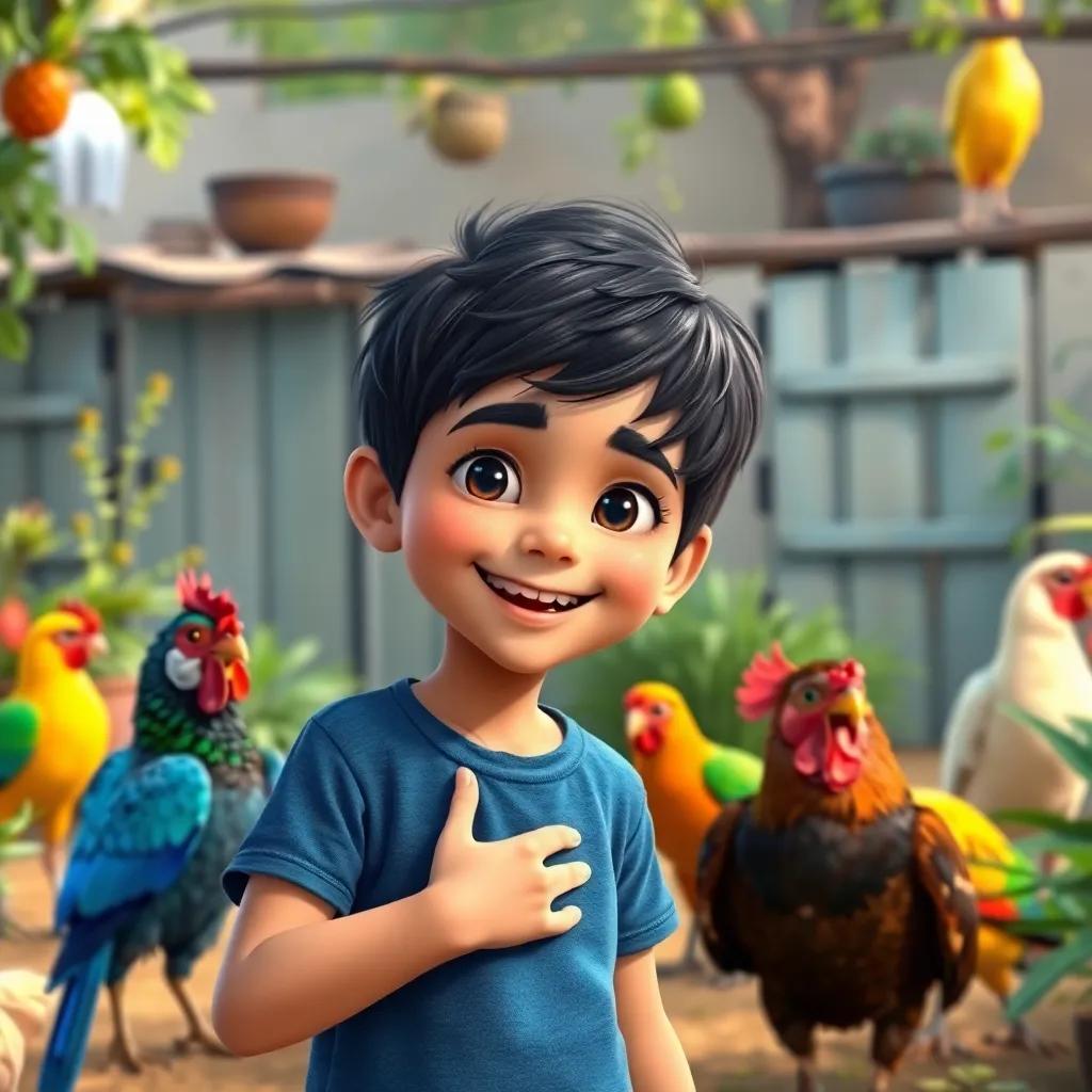 Hamza, a young boy with short black hair in a blue t-shirt, happily standing in his backyard with chickens and parrots, colorful and lively scene, cheerful expression, digital art, highly detailed