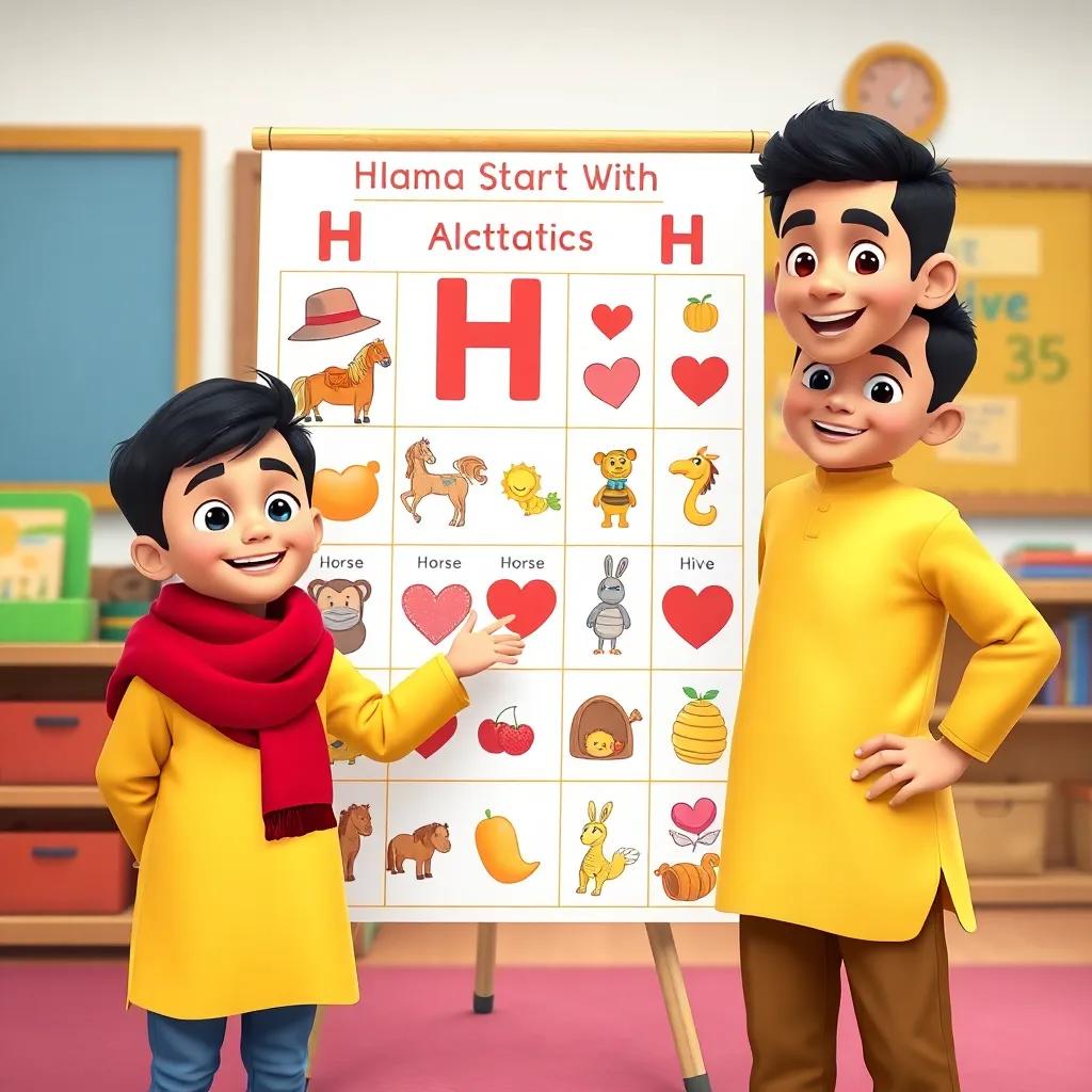 Hanan and Hamza standing next to a large chart filled with pictures of things that start with H, like a hat, horse, heart, and hive, smiling with excitement as they point at each picture, colorful classroom background, vibrant illustration, cheerful imagery