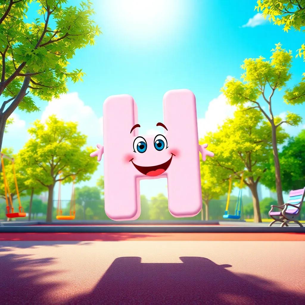A cheerful letter H, smiling and bouncing in a sunlit playground, surrounded by trees and colorful swings, digital art, vibrant colors, friendly atmosphere, high quality