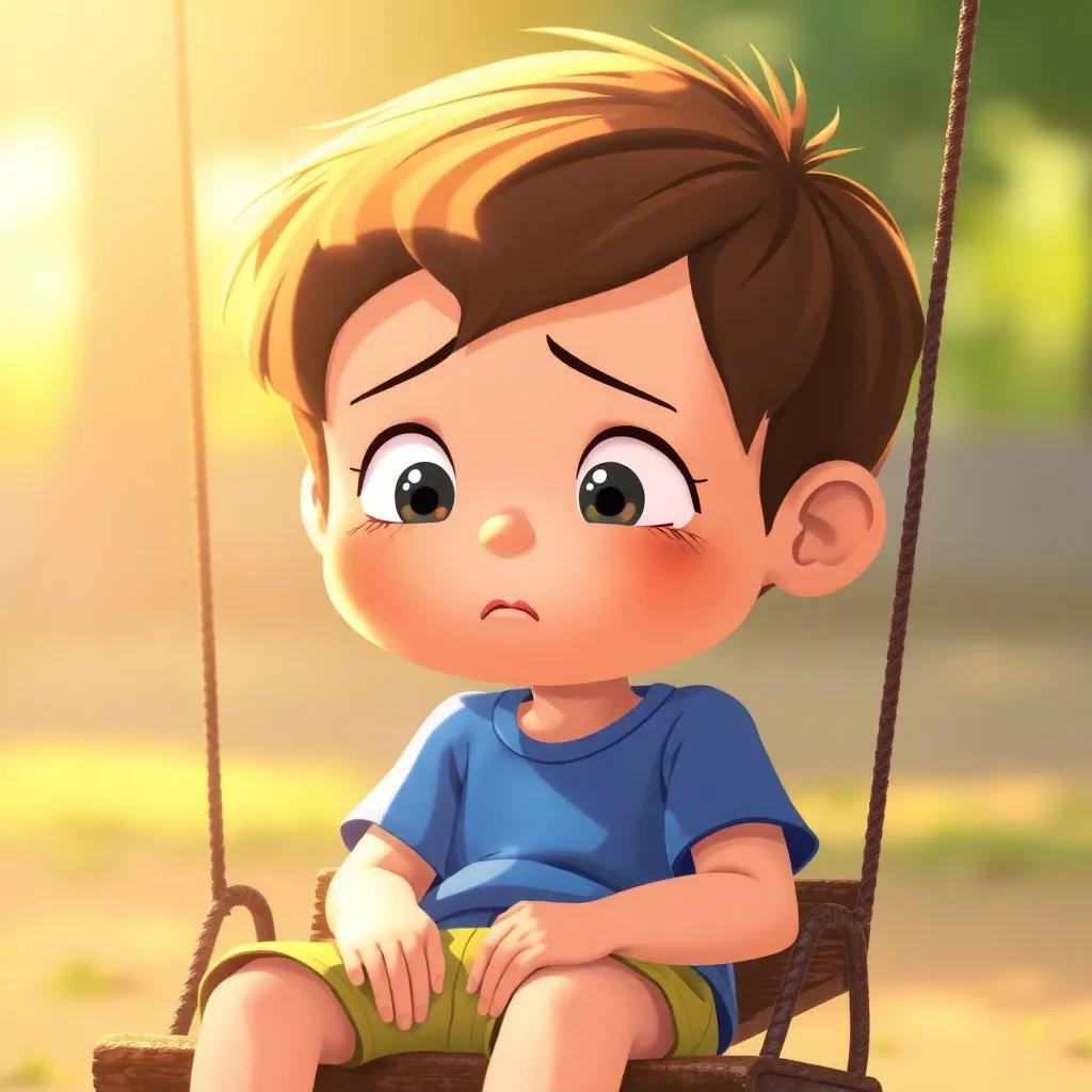 A little boy named Timmy, looking sad, with brown hair, wearing a blue t-shirt and yellow shorts, sitting on a swing, warm sunlight illuminating his face, illustration, emotional, bright