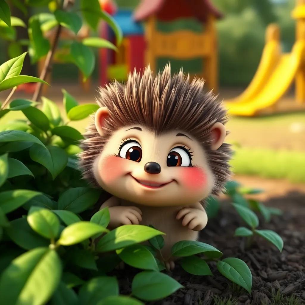 Hazel the Hedgehog, with soft quills and a gentle smile, peeking out from bushes near the playground, vibrant green leaves around, digital art, friendly and approachable, high quality