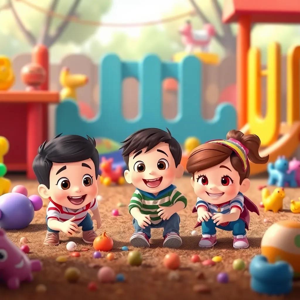 A happy scene of H, Timmy, and Hazel searching together around the playground, colorful toys in the background, cheerful expressions, playful atmosphere, illustration, whimsical, engaging