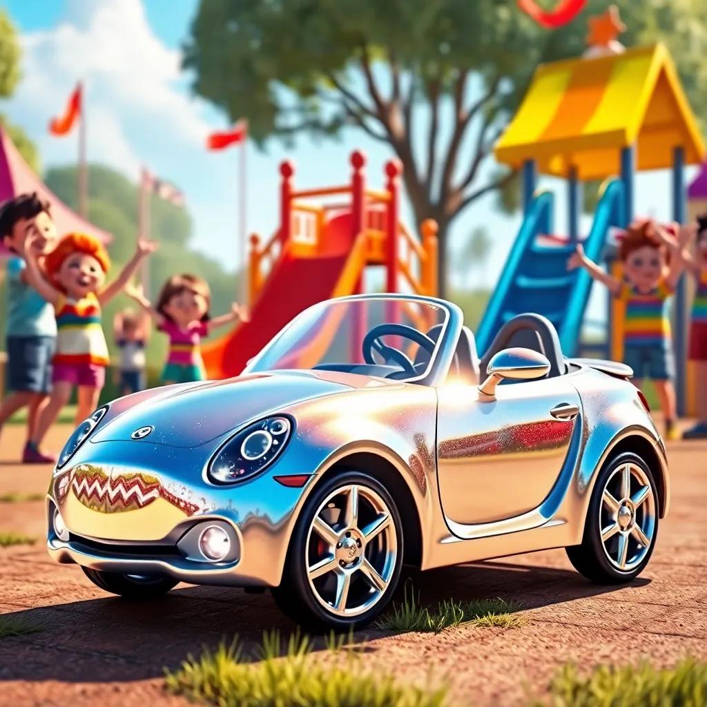 A shiny toy car, glittering in the sunlight, found near a big slide, surrounded by happy friends celebrating, colorful playground in the backdrop, digital painting, joyful and lively, high quality