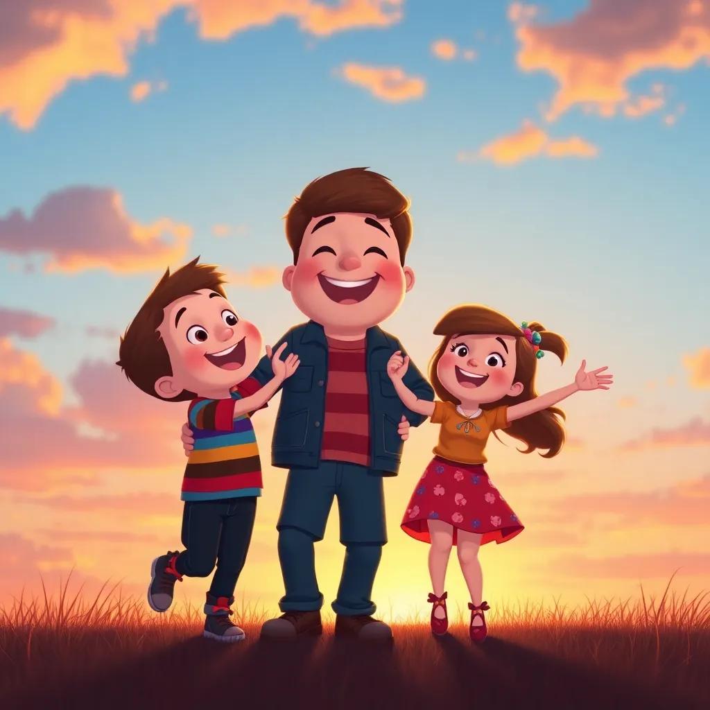 Timmy, H, and Hazel cheerfully dancing together in the sunset, warm glow of the evening sky behind them, joyful expressions, illustration, heartwarming, enchanting