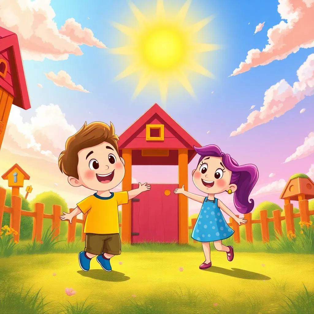 A vibrant sunny playground with H saying goodbye to Timmy and Hazel, colorful sky above, joyful energy, illustration, uplifting, whimsical