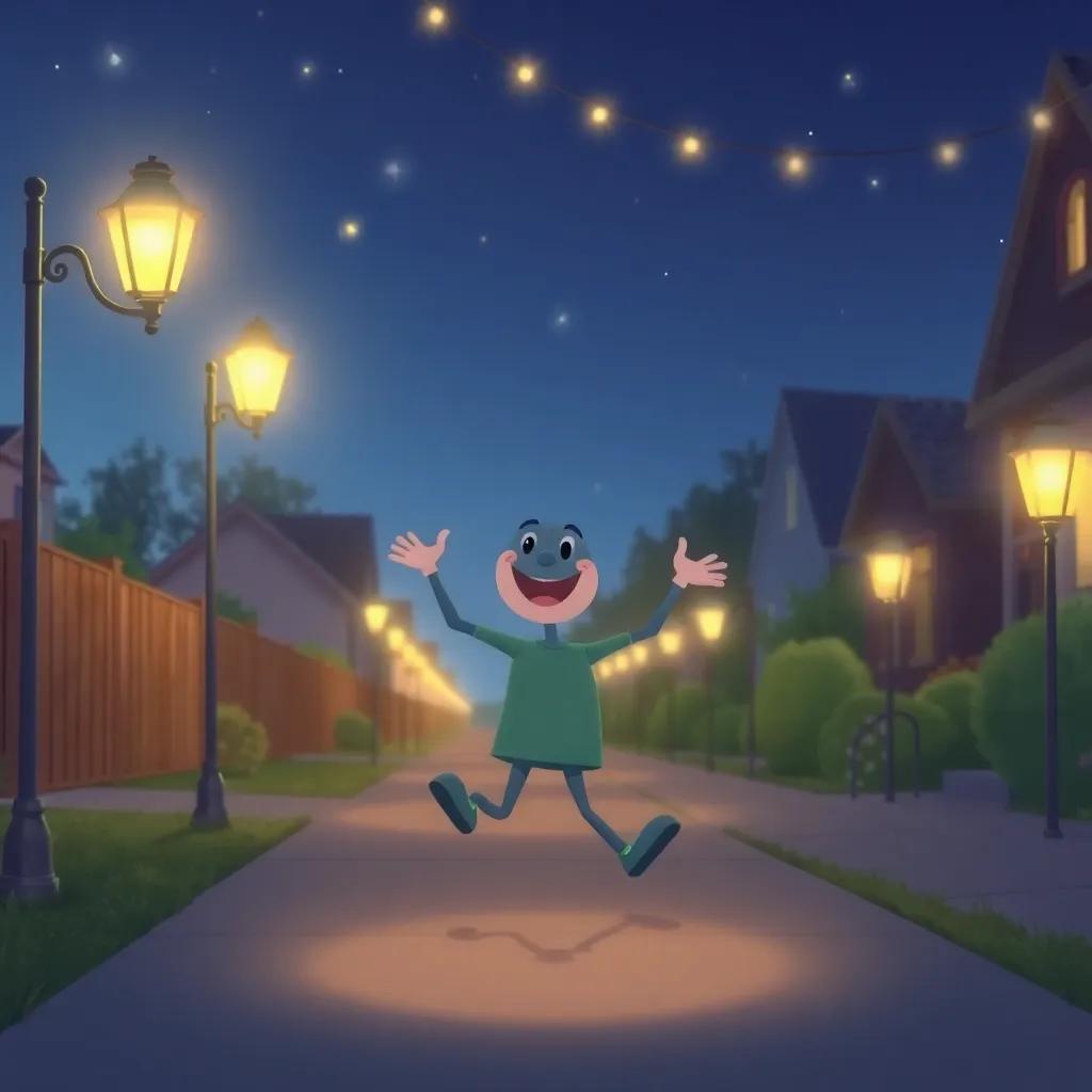 H dancing his way home, under the stars with a smile, glowing street lamps lighting up the path, joyful character, illustration, calming, inviting