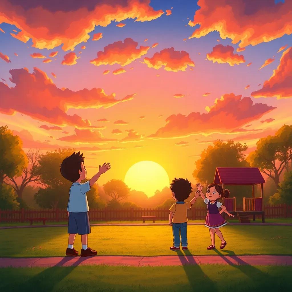 A beautiful sunset over a playground, with H leaving, Timmy and Hazel waving goodbye, rich colors of the evening sky, illustration, enchanting, friendly