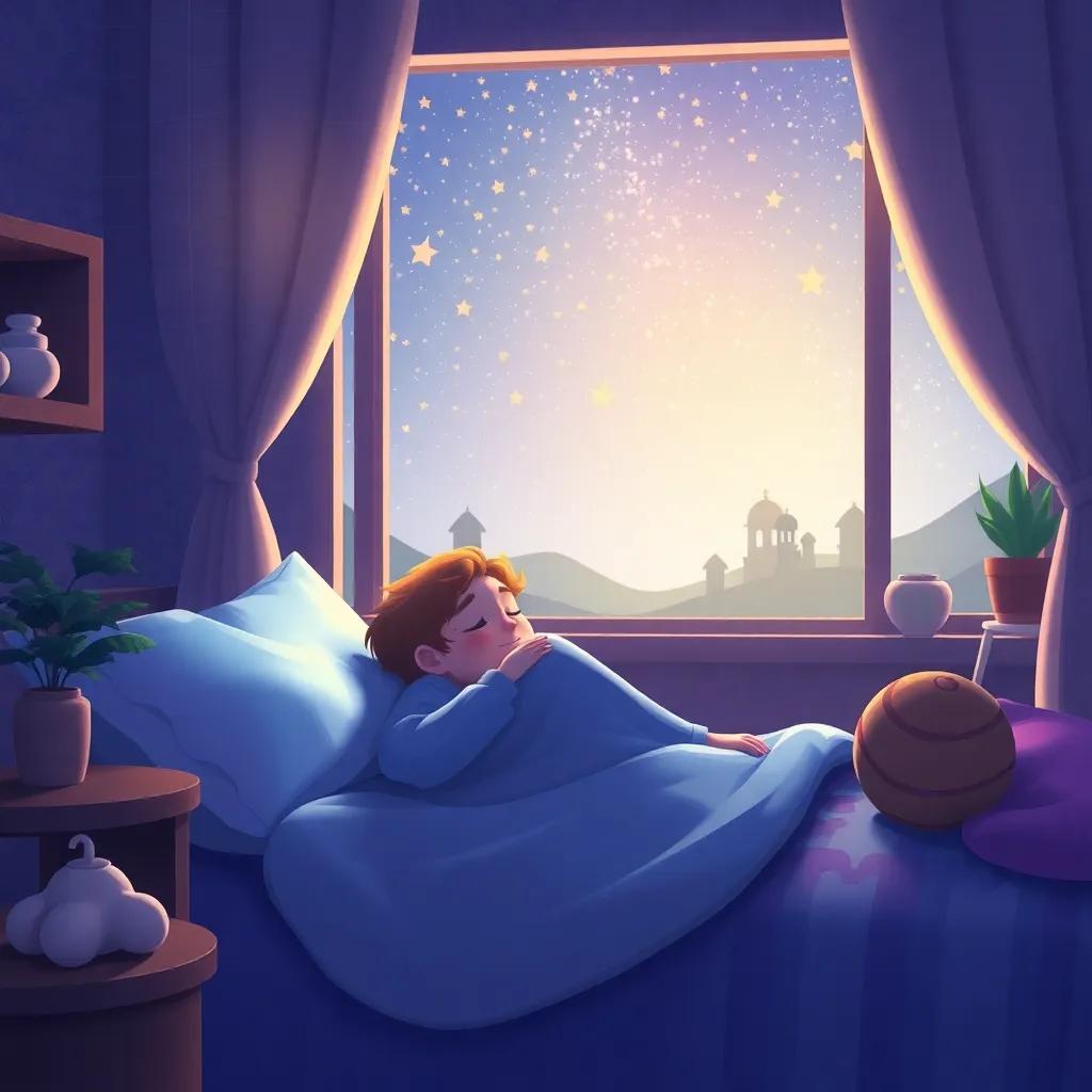 H dreaming of adventures while resting at home, cozy atmosphere with stars shining through the window, peaceful vibe, illustration, calming, sweet