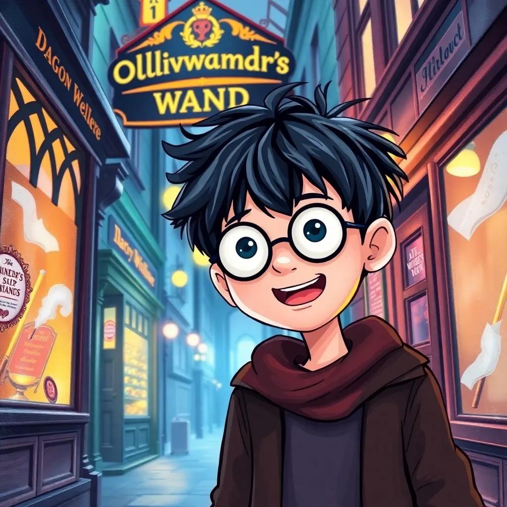 A young boy, Harry Potter, with messy black hair and round glasses, excitedly standing in front of Ollivander's Wand Shop in Diagon Alley, with magical lights and wands in the window, bustling street, colorful, vibrant atmosphere, detailed digital art, high quality