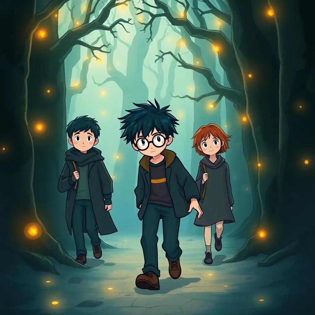 Harry Potter, a young boy with messy black hair and round glasses, walking cautiously with his friends Ron and Hermione in a mystical Forbidden Forest, surrounded by glowing lights and ancient trees, rich colors, magical ambiance, illustration, adventurous