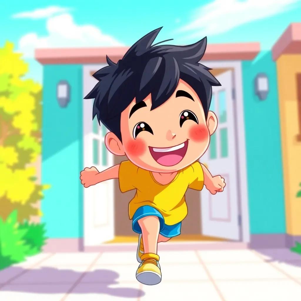 A lively boy named Hati, with short black hair, wearing a bright yellow t-shirt and blue shorts, running out of his house with a big smile, sunny day, cheerful atmosphere, digital art, vibrant colors, happy scene, high quality