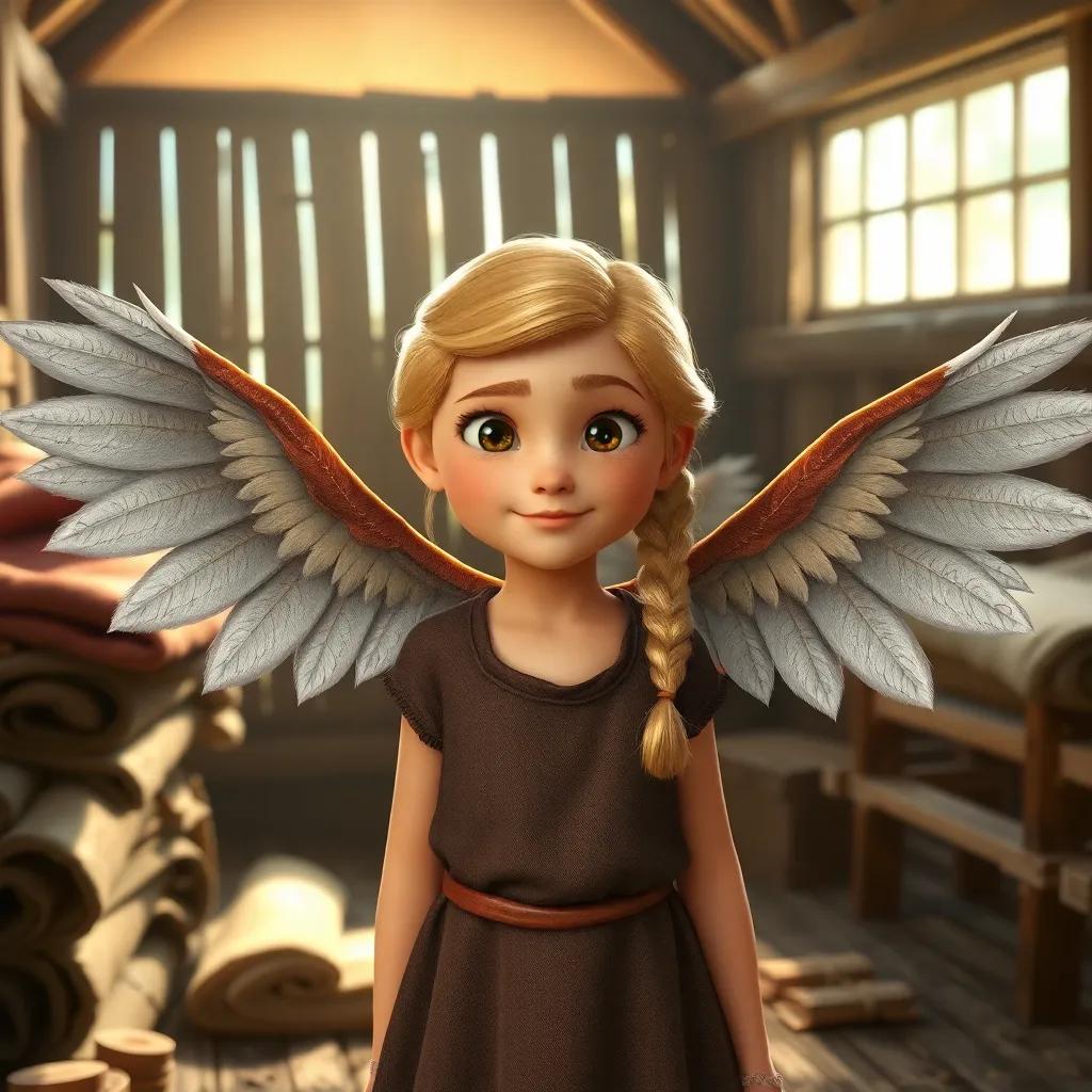 Heidi, a young girl with braided blonde hair, in a barn surrounded by old blankets and wooden planks, building a pair of wings, determined expression, bright sunlight, crafting atmosphere