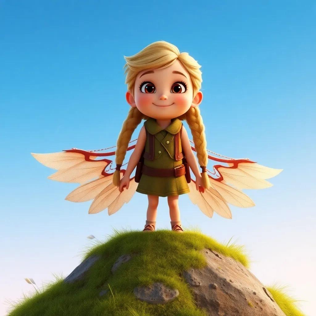 Heidi, a young girl with braided blonde hair, standing on a small hill with her handmade wings on, smiling and ready to jump, clear blue sky, hopeful demeanor, adventure theme