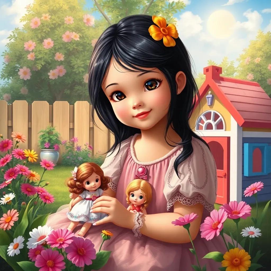A beautiful girl, Helena, with black hair and brown eyes, playing in her backyard with dolls and a colorful playhouse, surrounded by flowers and a sunny sky, cheerful atmosphere, digital art, vibrant colors, high quality