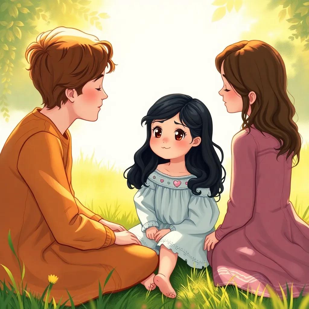 Helena, a beautiful girl with black hair and brown eyes, sitting on a soft grass patch, discussing her fears with her loving parents, warm sunlight, nurturing setting, illustration, emotional and supportive scene, child-friendly