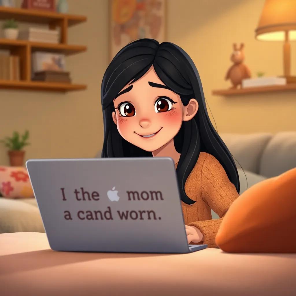 Heloísa, a young girl of 10, with fair skin and long dark hair, smiling proudly as she shows her mom the words on the screen of her laptop, warm lighting, cozy atmosphere, playful and inviting, illustration, delightful