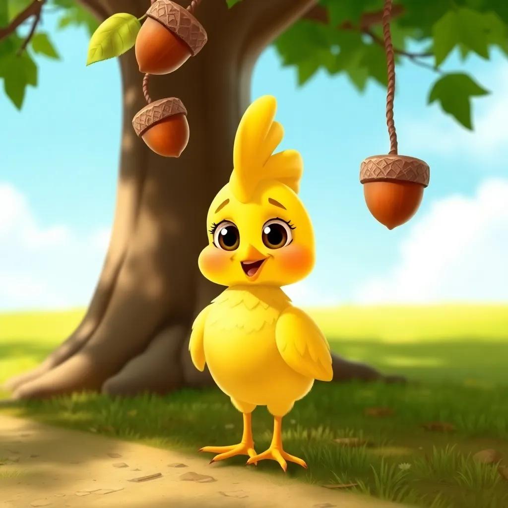 Henny Penny, a cheerful chicken with yellow feathers and big eyes, standing under a tree with an acorn falling from it, bright colors, cartoon style, sunny day, high quality.