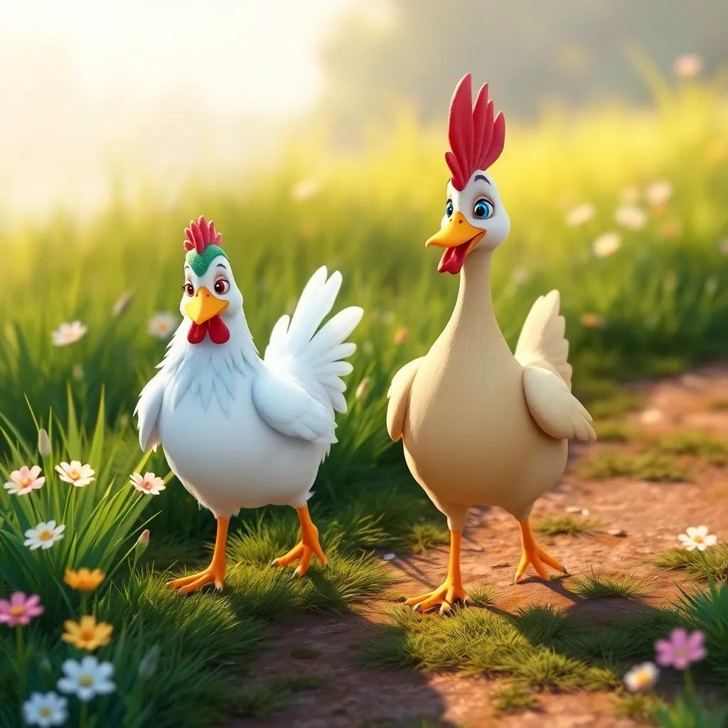 Henny Penny, a cheerful chicken, walking with Dilly, a funny duck with a greenish-blue head, by a grassy path, surrounded by flowers, whimsical illustration, warm light.