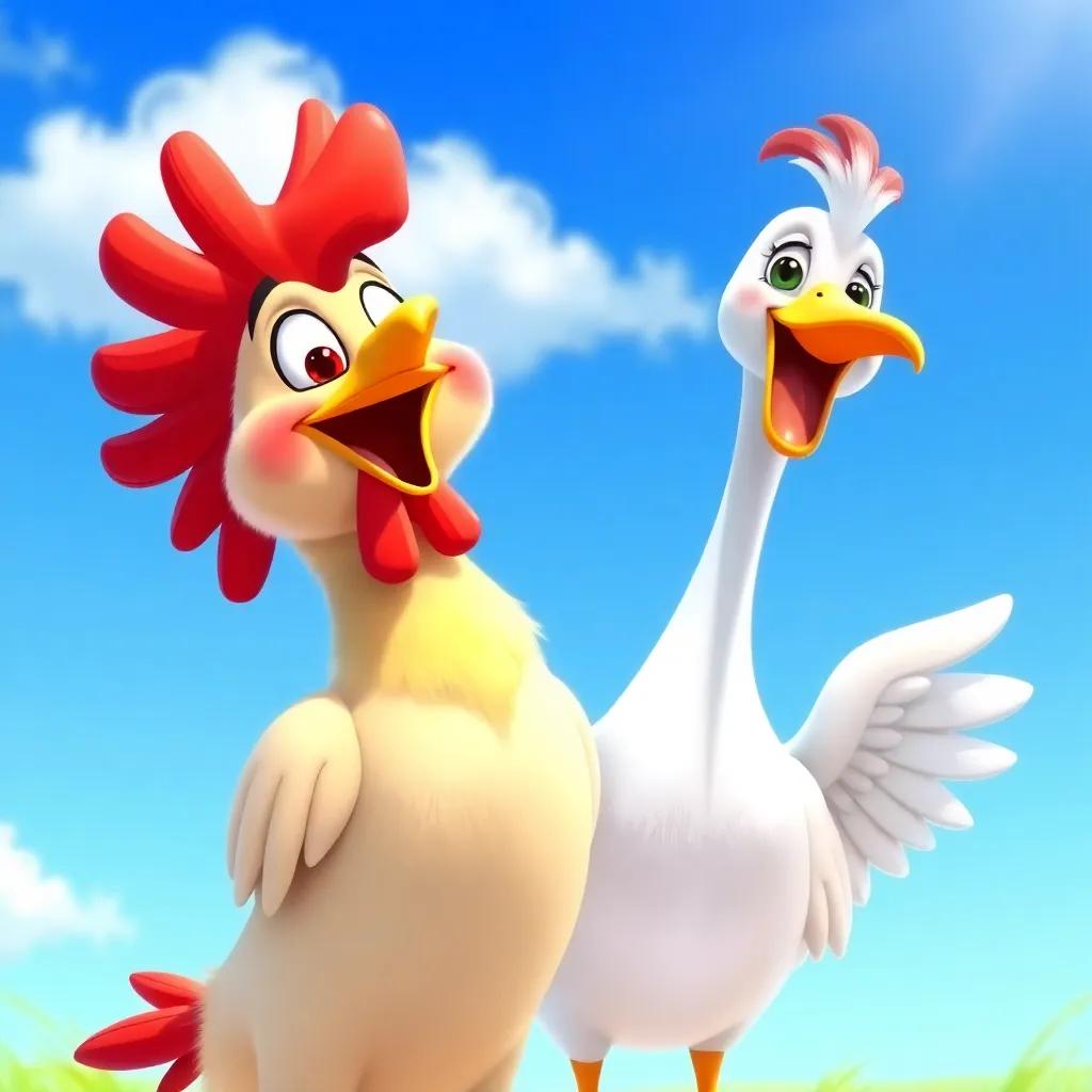 Henny Penny, a cheerful chicken and Gabby, a beautiful goose with white feathers, laughing together under a blue sky, colorful illustration, vibrant colors, playful perspective.