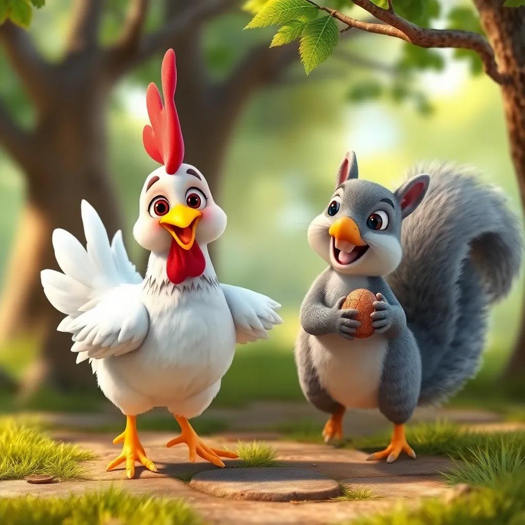 Henny Penny, a cheerful chicken, walking with Sammy, a gray squirrel with a bushy tail, munching a nut on a tree branch, joyful scene, lively colors, engaging view.