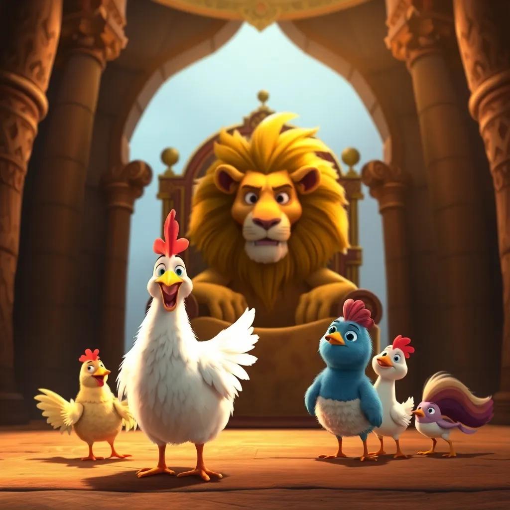 Henny Penny, a cheerful chicken, plus her friends reaching the king, a wise-looking lion with a golden mane, seated on a throne, grand scene, warm light, high quality.