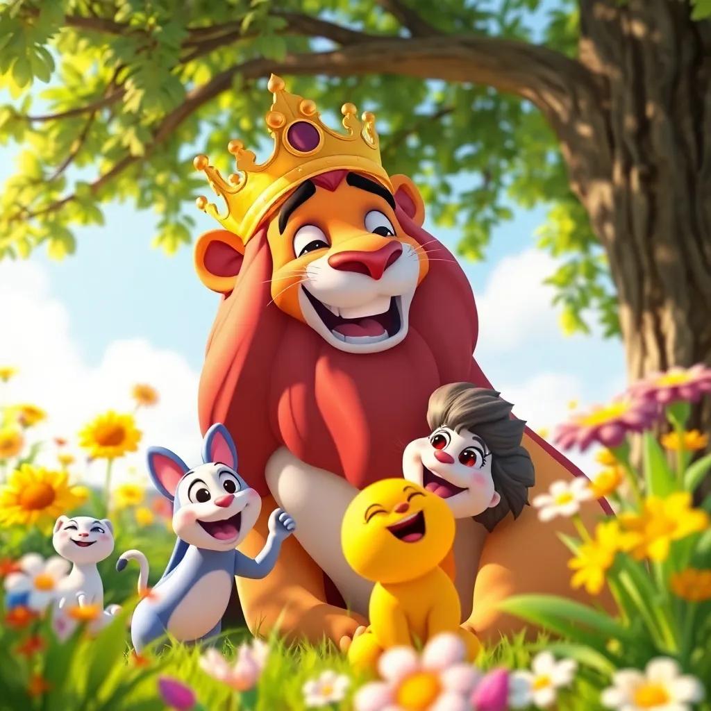 The king, a wise lion, laughing with Henny Penny and her friends, joyfully playing in a garden filled with flowers and sunshine, cheerful atmosphere, bright colors.
