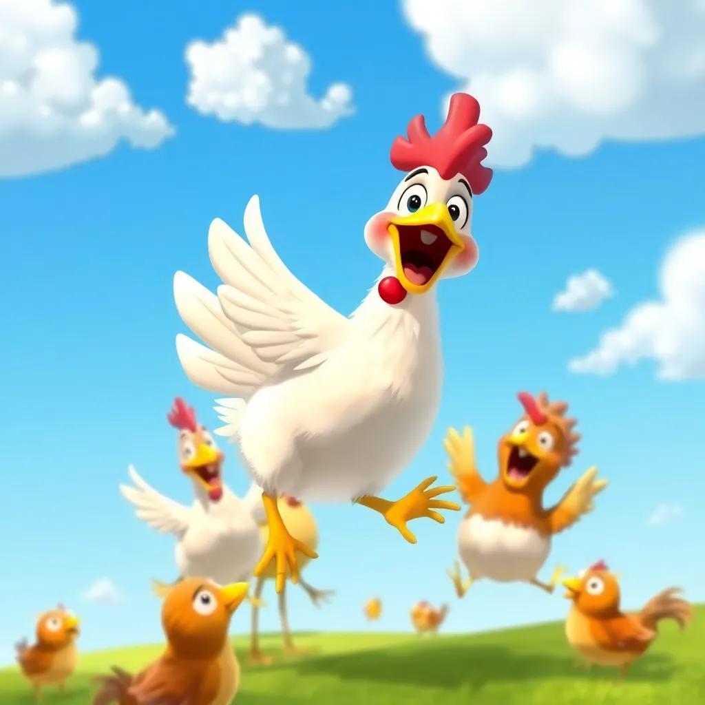Henny Penny, an excited chicken, jumping with joy surrounded by her friends, with a blue sky and fluffy clouds, whimsical and colorful, cheerful scene.