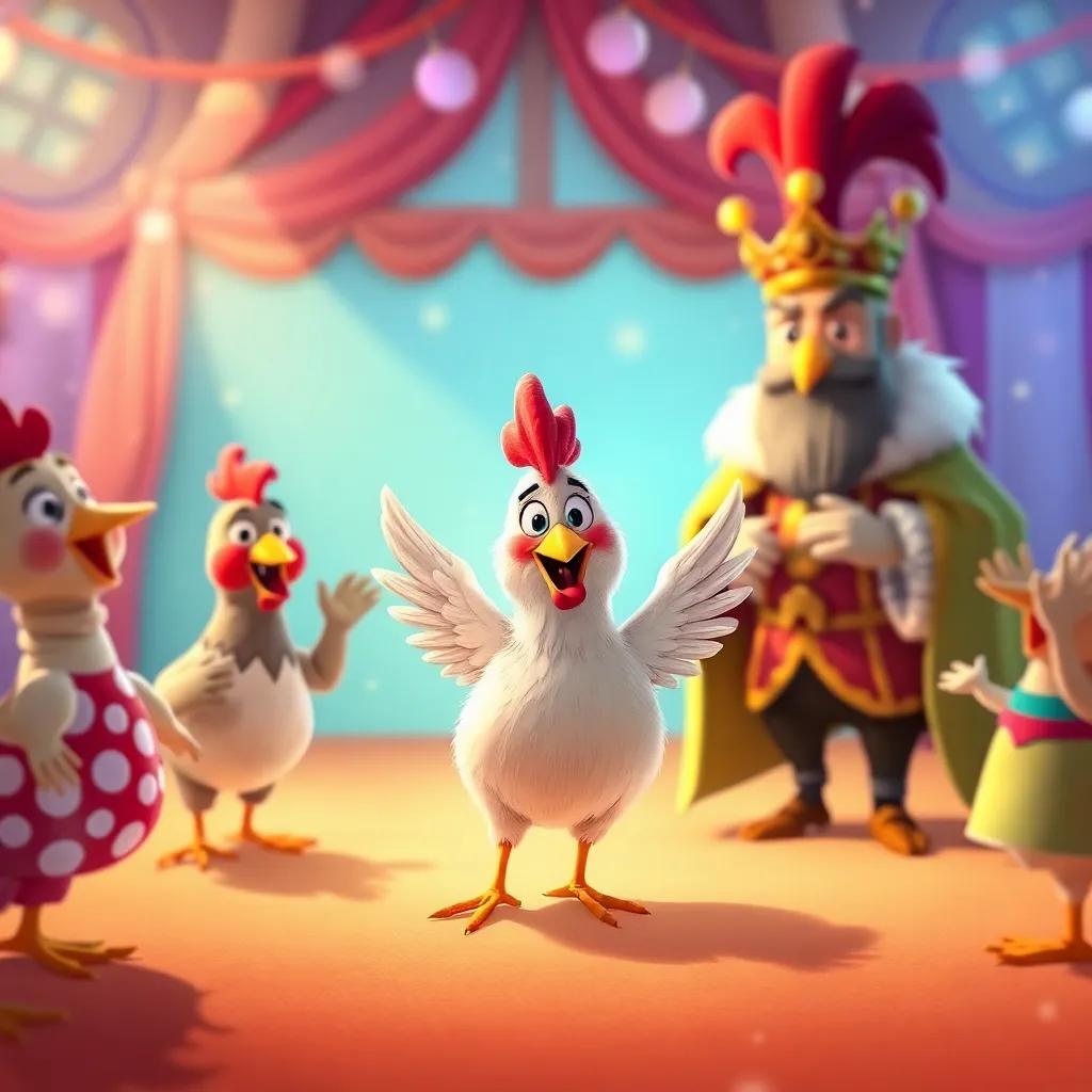 Henny Penny, a cheerful chicken, and her friends happily dancing around, with the king watching and clapping, festive atmosphere, bright colors, joyful scene.