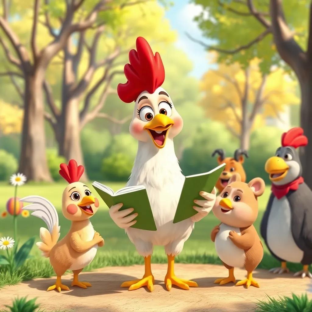 Henny Penny, a cheerful chicken, telling a story to her friends with an animated expression, in a sunny park, friendly animals, colorful illustration.