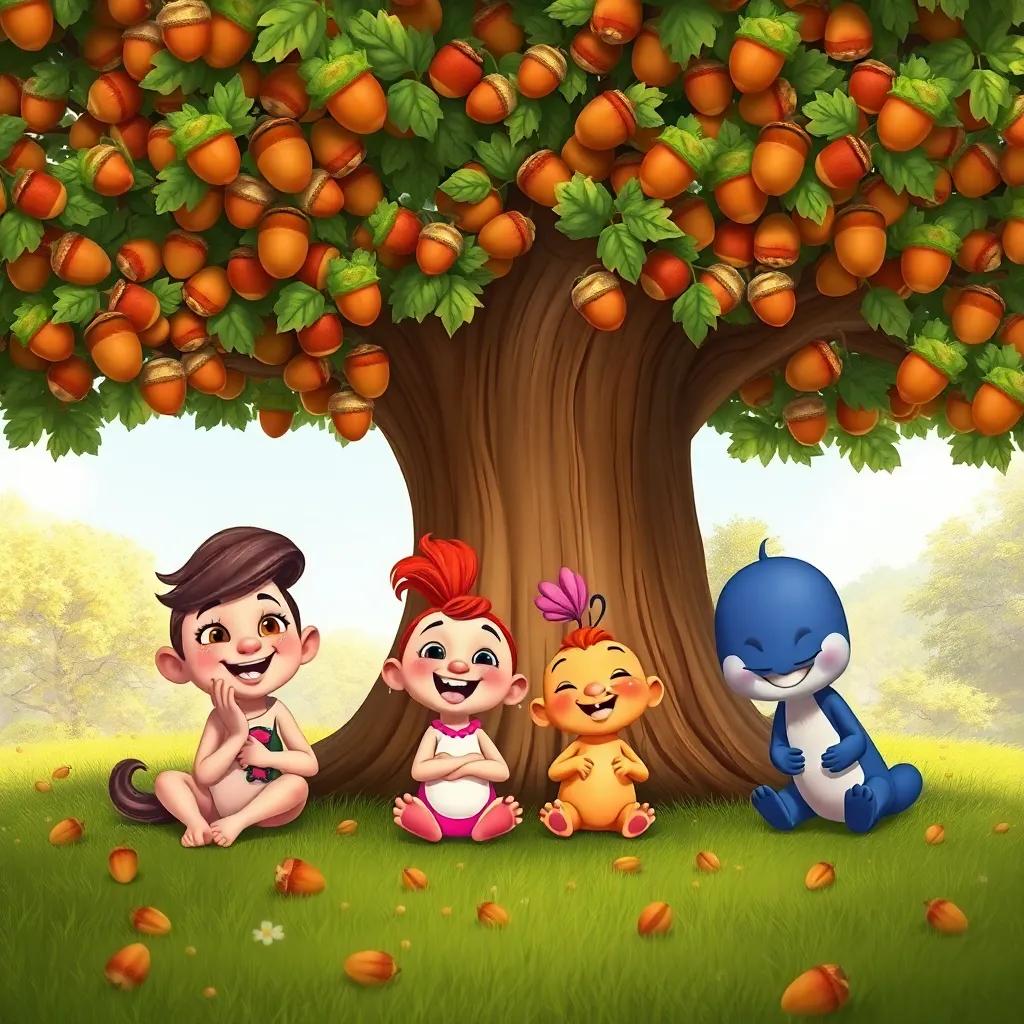The friends, Henny Penny, Dilly, Gabby, and Sammy, smiling and enjoying their time under a giant tree filled with acorns, playful colors, happy atmosphere.