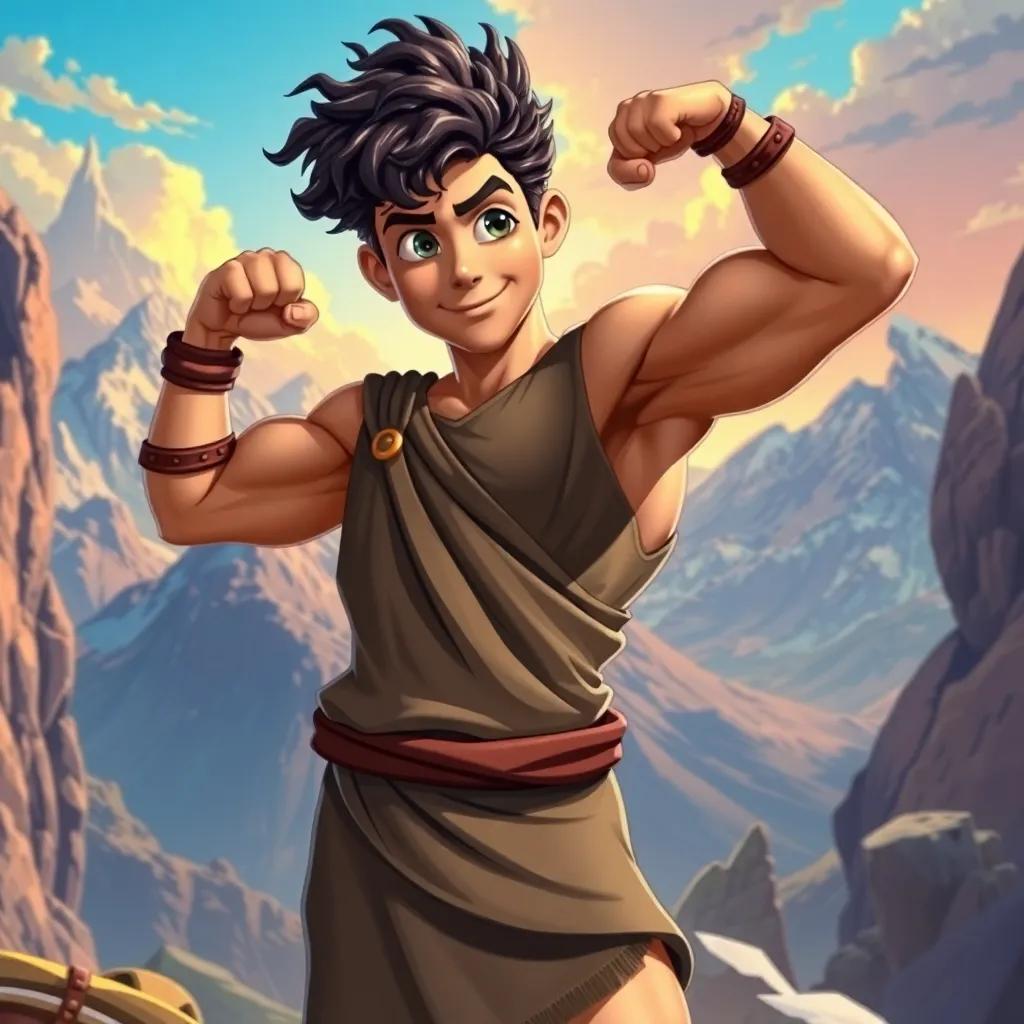 A muscular young man, Hercules, with curly dark hair wearing a tunic and leather sandals, flexing his muscles against a backdrop of mountains and gods, digital art, vibrant colors, heroic pose, epic scene, high quality