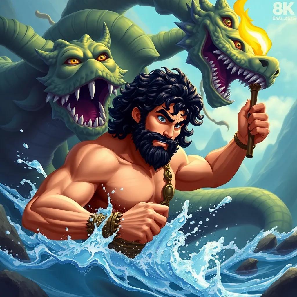 Hercules, with curly dark hair, wrestling with the multi-headed Hydra, water splashing around, his face showing focus, with Iolaus holding a torch, in a mythical landscape, digital painting, action-packed, bright