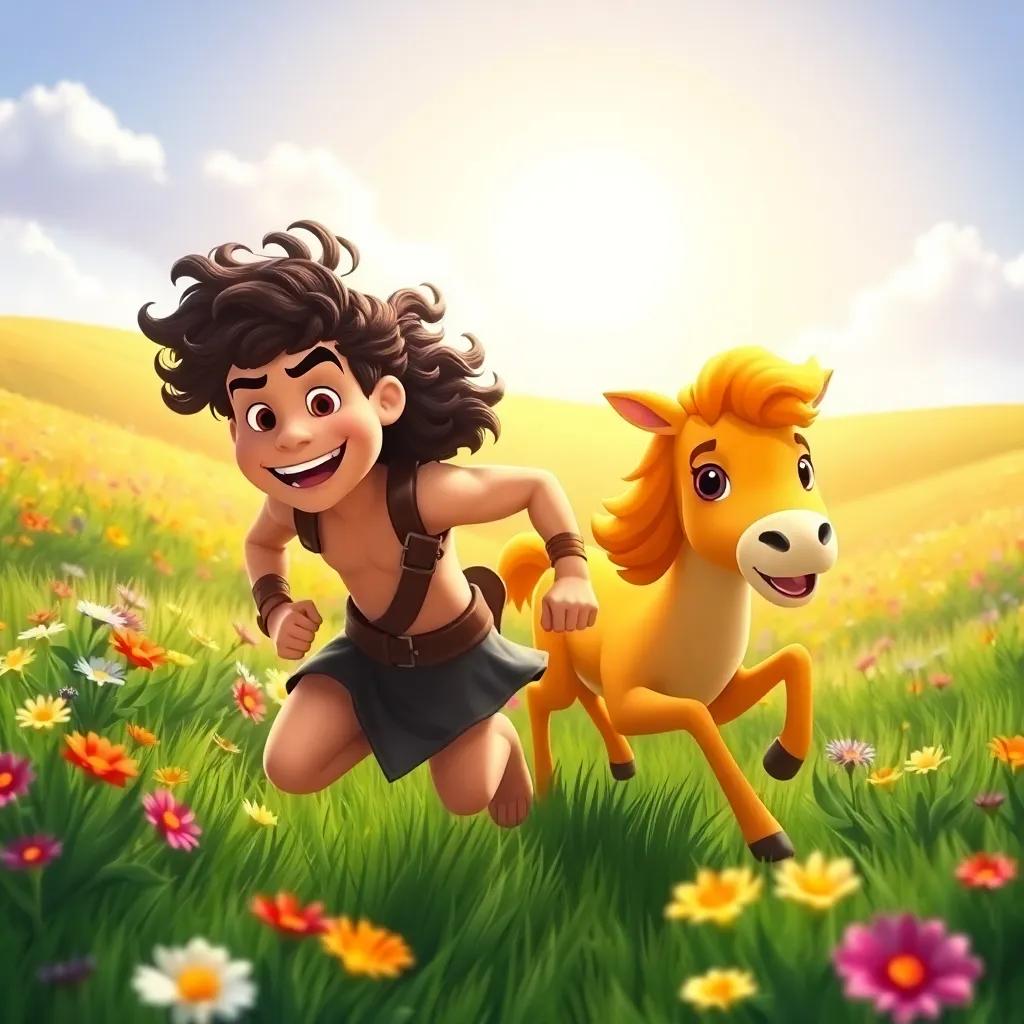 Hercules, with curly dark hair, carefully chasing a beautiful golden hind through fields with colorful flowers, sunny and bright atmosphere, cheerful adventure, lush greenery, friendly and playful vibe